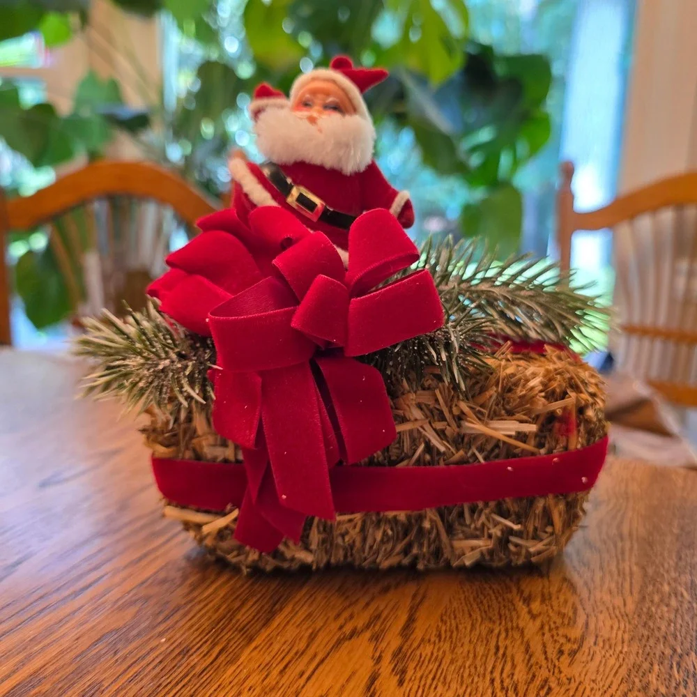 Vintage Flocked Santa Claus on Straw Hay Bale Christmas Centerpiece Red Velvet